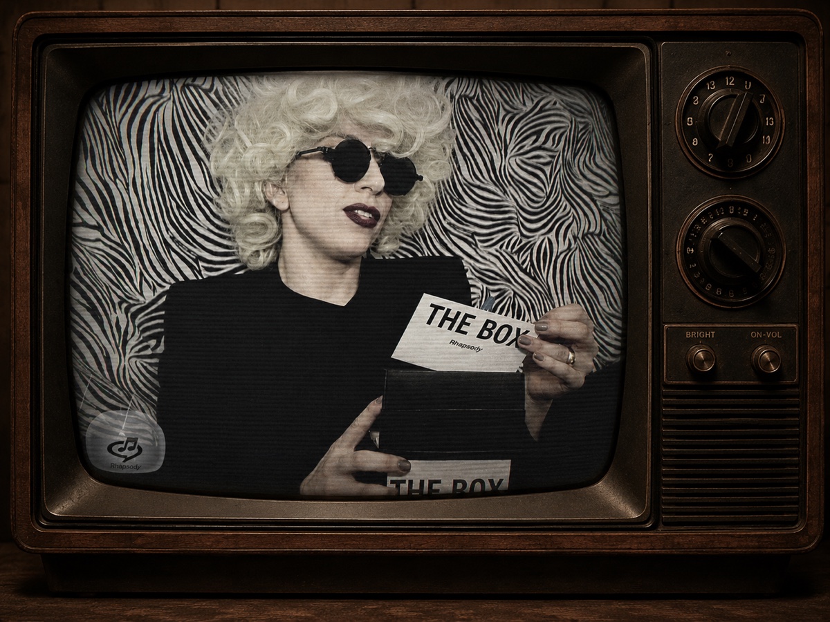 Lady Gaga on a vintage television set, pulling a card from a box marked THE BOX